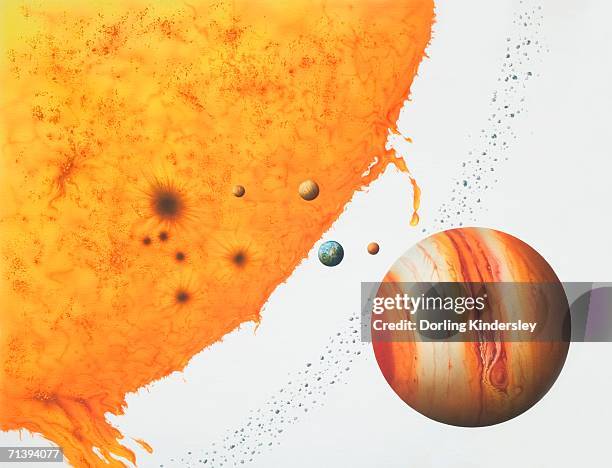 surface of the sun with an arch of fire, next to the planets jupiter, mars, earth, venus, mercury and an asteroid belt. - solar system white background stock illustrations