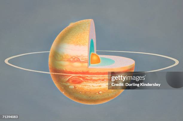 diagram of planet jupiter with quarter of sphere removed to reveal subterranean layers, front view. - planet jupiter stock illustrations