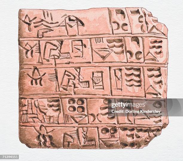 stockillustraties, clipart, cartoons en iconen met 3000 bc cuneiform writing on clay slab, front view. - mesopotamisch