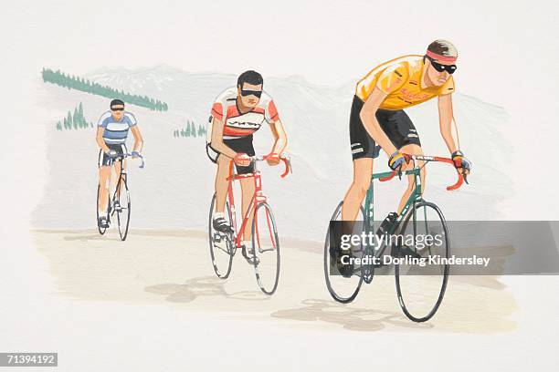 ilustrações de stock, clip art, desenhos animados e ícones de três homem ciclismo numa paisagem de montanha, vista frontal - atleticismo