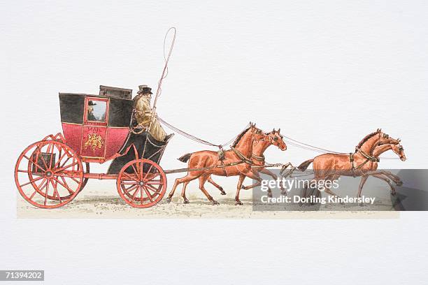 postboy driving 1784 mail coach drawn by four horses, side view. - horse cart stock illustrations