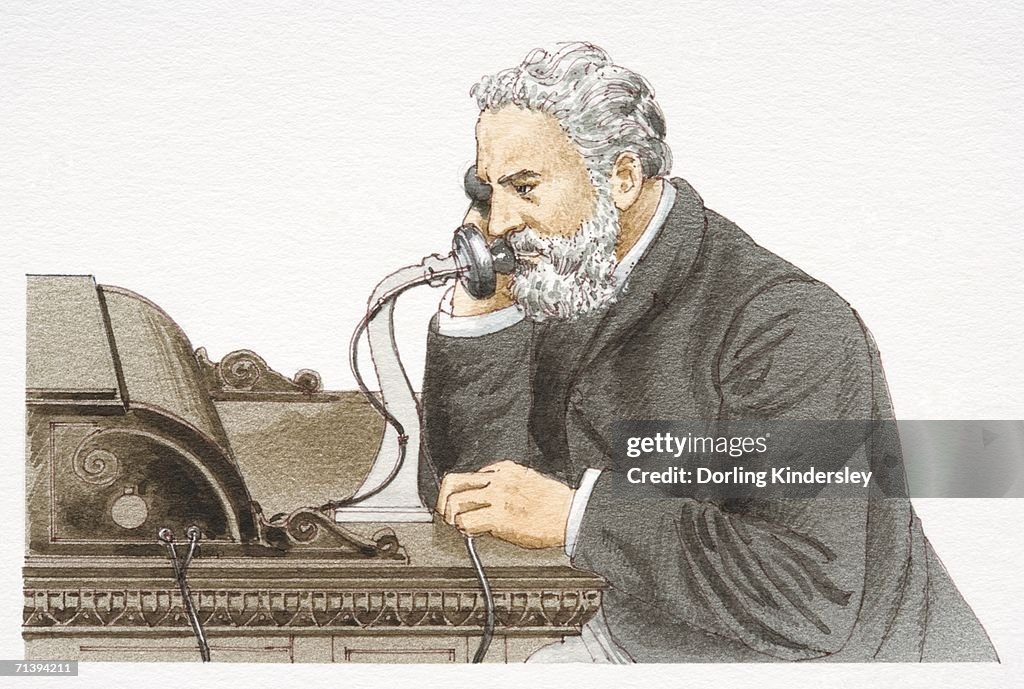Alexander Graham Bell speaking 1876 Bell telephone, side view.