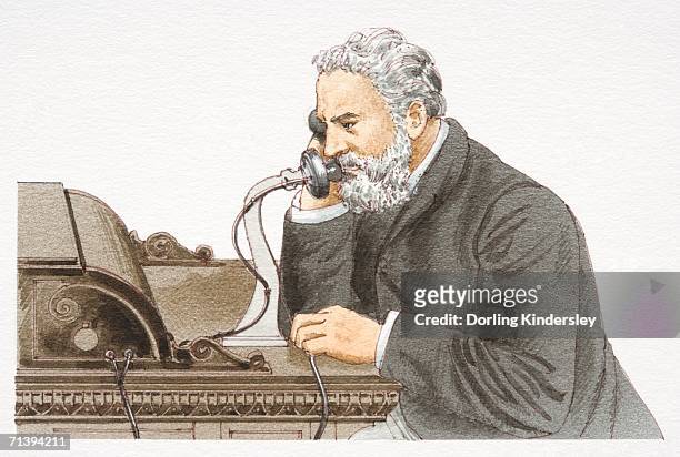 alexander graham bell speaking 1876 bell telephone, side view. - 1876 stock illustrations