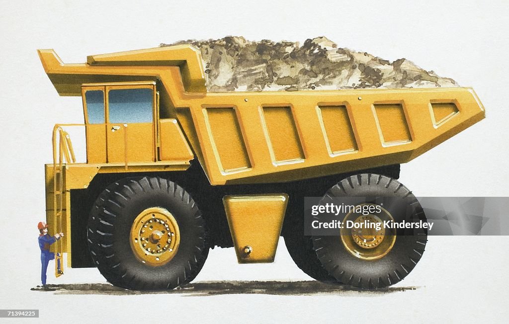Yellow earth mover truck with man climbing side ladder, side view.