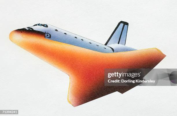 space shuttle returning earth through the atmosphere with heat-shield tiles glowing red-hot, low angle view. - space shuttle interior stock illustrations