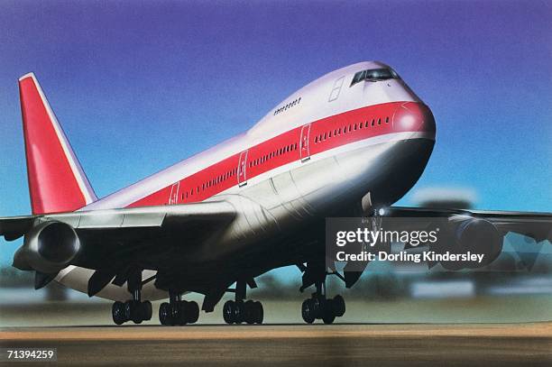 jumbo jet lifting off from the runway. - boeing 747 stock-grafiken, -clipart, -cartoons und -symbole