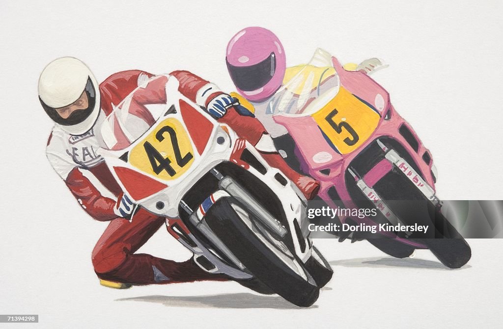 Two racers wearing helmets and 'knee sliders' leaning sideways while riding motorbikes, front view.