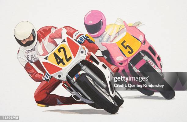 two racers wearing helmets and 'knee sliders' leaning sideways while riding motorbikes, front view. - motorcycle engine stock illustrations