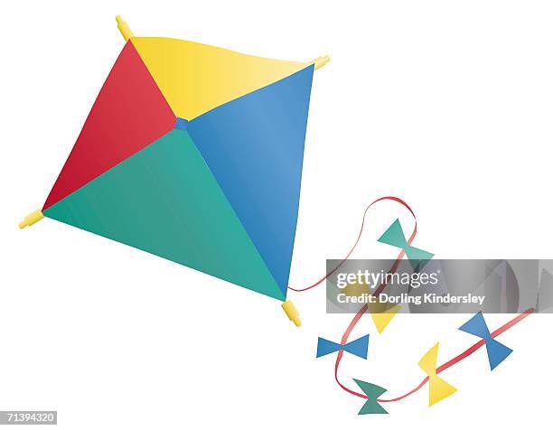 colourful kite with tail and bows, front view. - kite toy stock illustrations