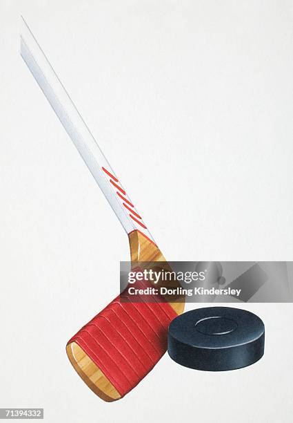 ice hockey stick striking rubber disc, close up. - wooden stick stock illustrations