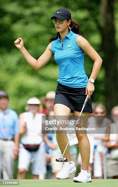 Michelle Wie of the USA celebrates her birdie on the 15th hole during the second round of the HSBC Women's World Match Play Championship at Hamilton...