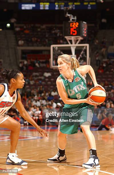 Megan Duffy of the Minnesota Lynx is defended by Kedra Holland-Corn of the Detroit Shock during the game at the Palace of Auburn Hills in Detroit,...