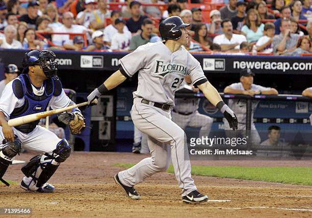 Jeremy Hermida of the Florida Marlins hits an RBI single in the 4th inning against the New York Mets on July 7, 2006 at Shea Stadium in the Flushing...