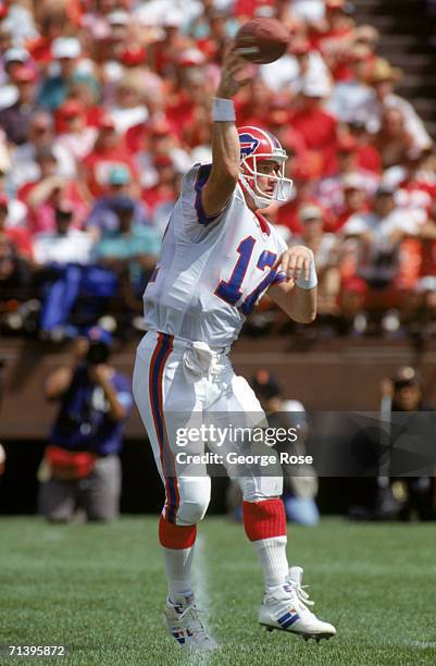 Quarterback Jim Kelly and the Buffalo Bills throws a pass during a game against the San Francisco 49ers during a game at Candlestick Park on...