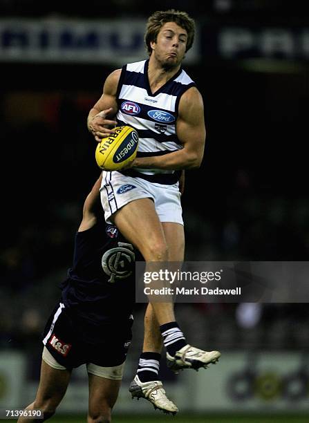 David Wojcinski of the Cats flies for a mark during the round 14 AFL match between the Carlton Blues and Geelong Cats at Telstra Dome July 8, 2006 in...