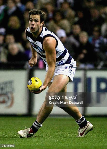 Matthew Egan of the Cats handballs during the round 14 AFL match between the Carlton Blues and Geelong Cats at Telstra Dome July 8, 2006 in...