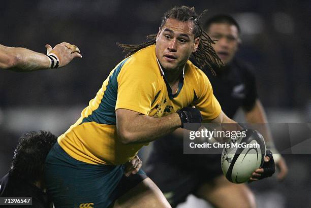 George Smith of the Wallabies looks to pass during the Tri Nations series Bledisloe Cup match between the New Zealand All Blacks and the Australian...