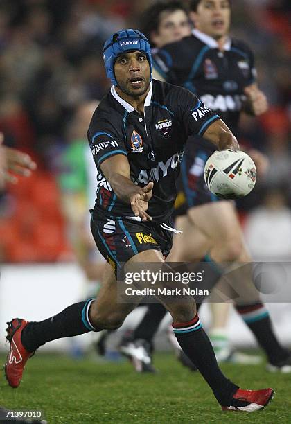 Preston Campbell of the Panthers passes the ball during the round 18 NRL match between the Penrith Panthers and the Canberra Raiders played at CUA...
