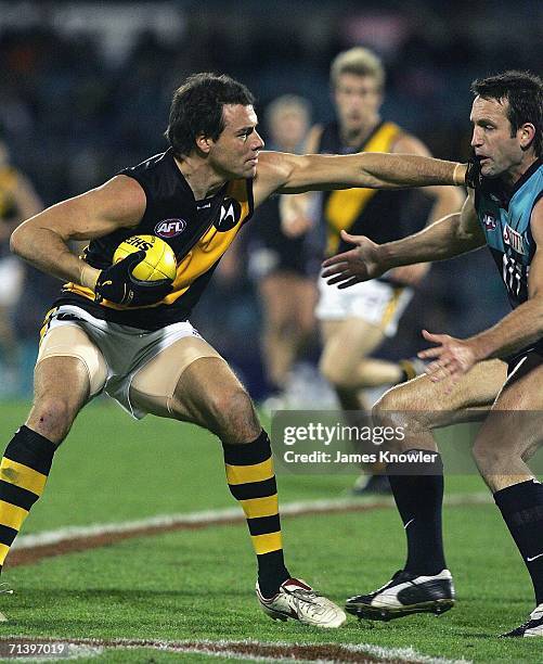 Matthew Richardson of the Tigers and Darryl Wakelin of Port contest the ball during the round 14 AFL match between the Port Adelaide Power and...