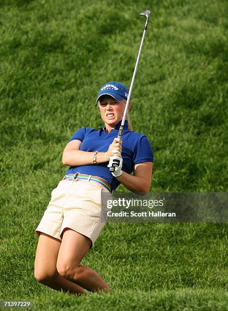 Morgan Pressel watches a pitch shot on the fourth hole during the third round of the HSBC Women's World Match Play Championship on July 8, 2006 at...