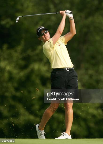 Karrie Webb of Australia hits her second shot on the sixth hole during the third round of the HSBC Women's World Match Play Championship on July 8,...