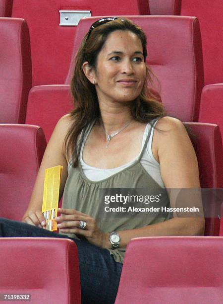 Debbie Klinsmann, the wife of German Team Coach Jurgen Klinsmann, takes her seat before the FIFA World Cup Germany 2006 Third Place Play-off match...