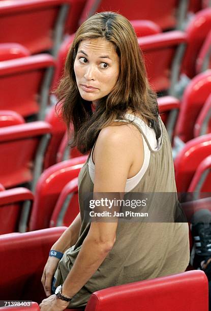 Debbie Klinsmann, the wife of German Team Coach Jurgen Klinsmann, takes her seat before the FIFA World Cup Germany 2006 Third Place Play-off match...