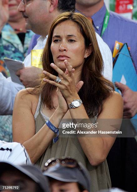 Debbie Klinsmann, the wife of German Team Coach Jurgen Klinsmann, applauds during the FIFA World Cup Germany 2006 Third Place Play-off match between...