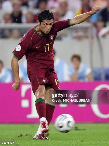 Portuguese forward Cristiano Ronaldo kicks the ball during the third-place playoff 2006 World Cup football match between Germany and Portugal at...