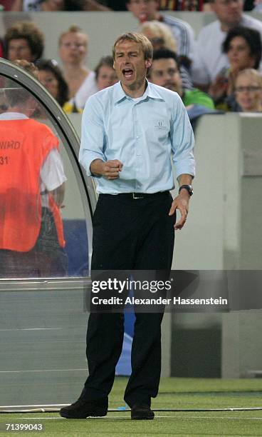 Jurgen Klinsmann, the German Team Coach, shouts from the touchline during the FIFA World Cup Germany 2006 Third Place Play-off match between Germany...