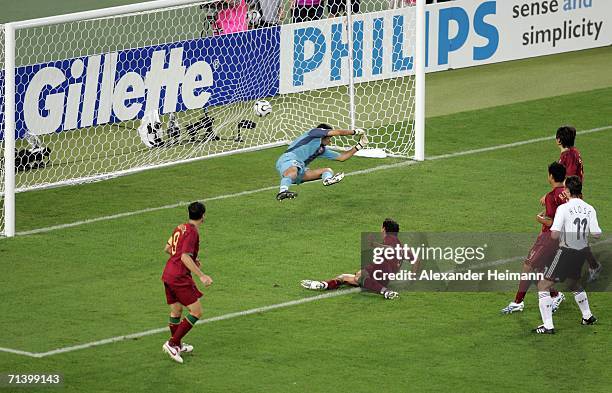 Petit of Portugal concedes and own goal during the FIFA World Cup Germany 2006 Third Place Play-off match between Germany and Portugal played at the...