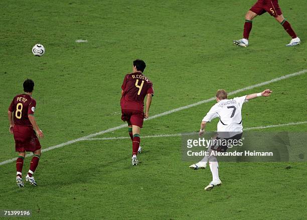 Bastian Schweinsteiger of Germany scores his sides third goal during the FIFA World Cup Germany 2006 Third Place Play-off match between Germany and...