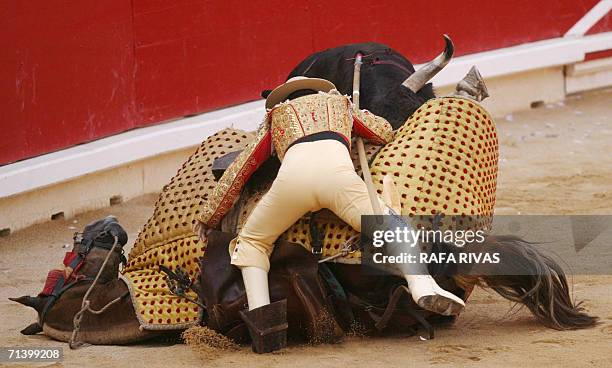 Picador and his horse are knocked down by a Dolores Aguirre Ibarra fighting bull, during the second corrida of the San Fermin festivities, 08 July...