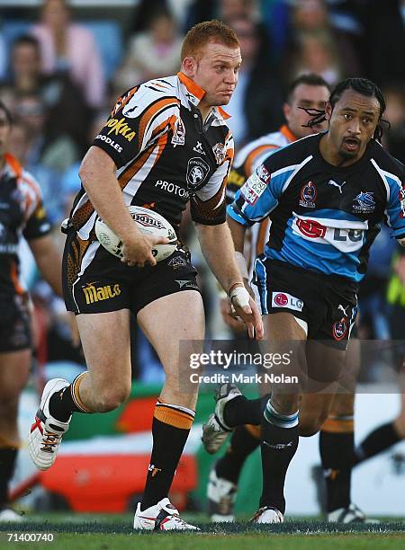 Keith Galloway of the Tigers in action during the round 18 NRL match between the Cronulla Sharks and Wests Tigers played at Toyota Park on July 9,...