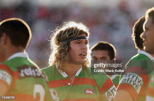 Kane Cleal of the Rabbitohs watches for the television referee's decision during the round 18 NRL match between the St.George Illawarra Dragons and...