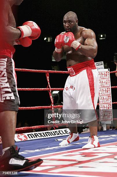 Danny Williams in action during the Commonwealth Heavyweight title fight between Danny Williams and Matt Skelton at The Millennium Stadium on July 8,...