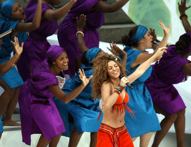 Colombian singer Shakira performs on the stage during a ceremony prior the World Cup final football match between France and Italy 09 July 2006 at...