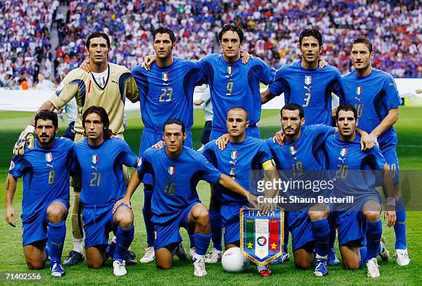 The Italy team line up for a group photo prior to the FIFA World Cup Germany 2006 Final match between Italy and France at the Olympic Stadium on July...
