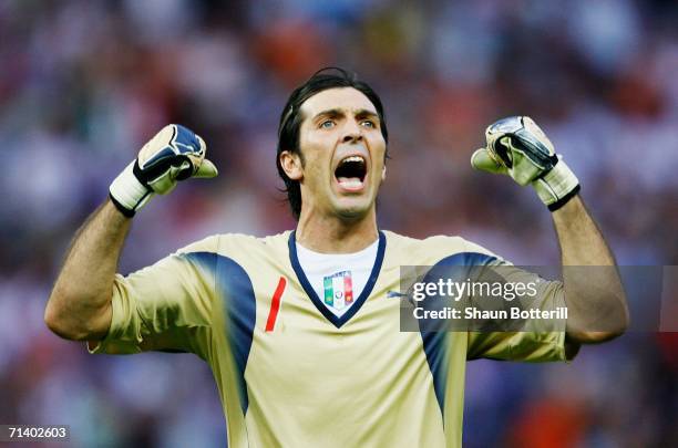 Goalkeeper Gianluigi Buffon of Italy celebrates his team's first goal during the FIFA World Cup Germany 2006 Final match between Italy and France at...