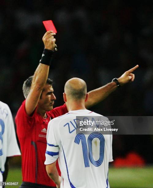 Zinedine Zidane of France is shown a red card by Referee Horacio Elizondo of Argentina during the FIFA World Cup Germany 2006 Final match between...