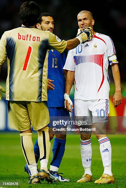 Goalkeeper Gianluigi Buffon of Italy has words with Zinedine Zidane of France during the FIFA World Cup Germany 2006 Final match between Italy and...