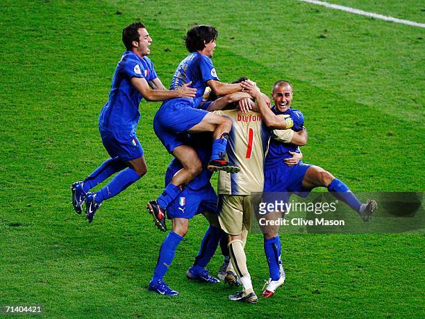 The Italian players celebrate following their victory in a penalty shootout at the end of the FIFA World Cup Germany 2006 Final match between Italy...