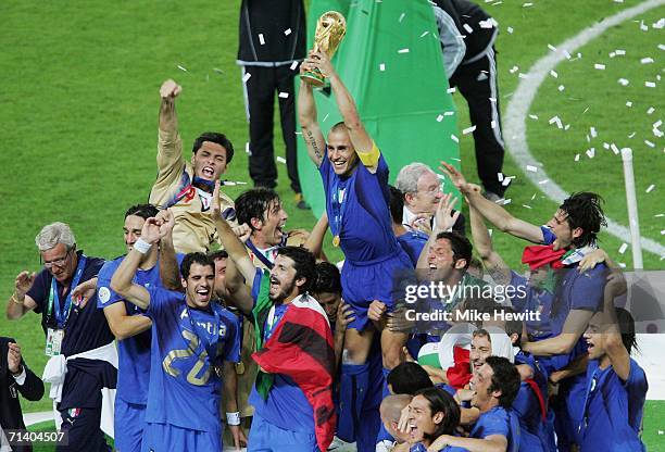 Fabio Cannavaro the captain of Italy lifts the world cup trophy, after his team's victory during the FIFA World Cup Germany 2006 Final match between...
