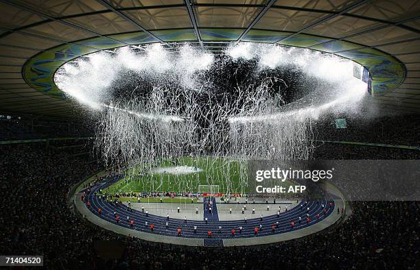 Confetti falls from the roof of the Olympiastadion in Berlin, 09 July 2006 during the awarding ceremony of the 2006 FIFA World Cup. Italy won the...