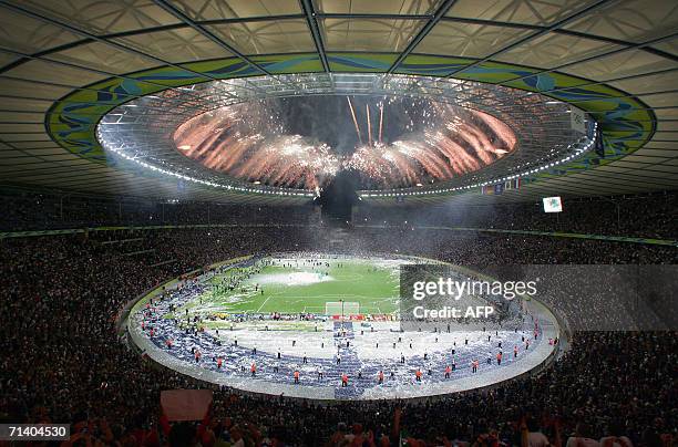 Fireworks are seen in the Olympiastadion in Berlin during the awarding ceremony of the 2006 Fifa World Cup, 09 July 2006 at Berlin stadium. Italy won...