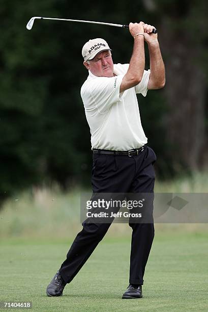 Allen Doyle hits his second shot from the 16th fairway during the U.S. Senior Open at the Prairie Dunes Country Club on July 9, 2006 in Hutchinson,...
