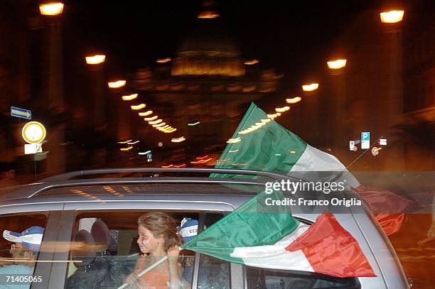 Italian football fans at St. Peter's square celebrating Italy's victory over France on July 09, 2006 in Rome, Italy. Italy defeated France 5-3 at the...