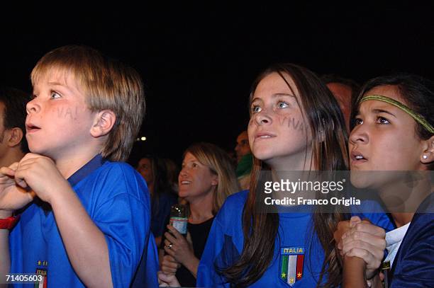 Italian football fans at the Circo Massimo celebrating Italy's victory over France on July 09, 2006 in Rome, Italy. Italy defeated France 5-3 at the...