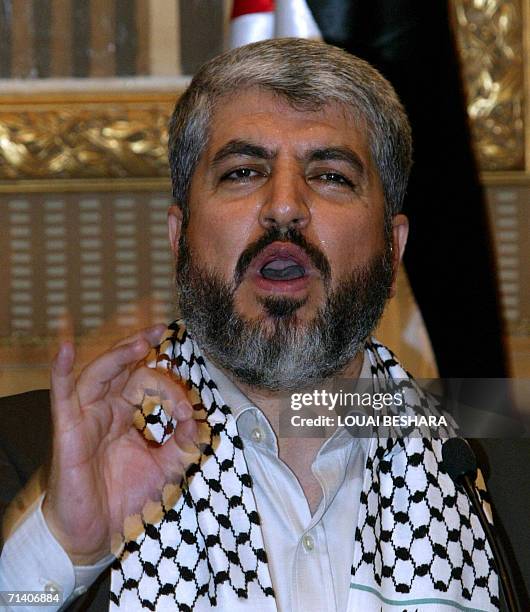 Exiled Hamas political leader Khaled Meshaal addresses a press conference in Damascus, 10 July 2006. Meshaal, one of Israel's most wanted men who...