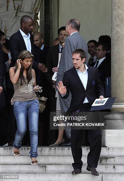 French football team midfielder Franck Ribery and his wife leave the Elysee palace in Paris, 10 July 2006 after a lunch with French President Jacques...